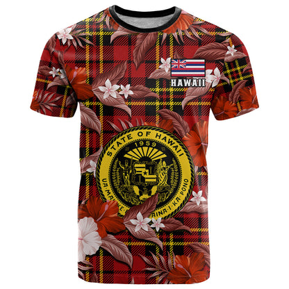 Custom Hawaii State T-Shirt Tropical Flowers Mix Tartan Red Version Graphic Tee