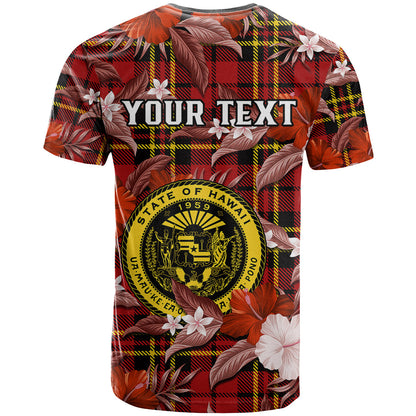 Custom Hawaii State T-Shirt Tropical Flowers Mix Tartan Red Version Graphic Tee