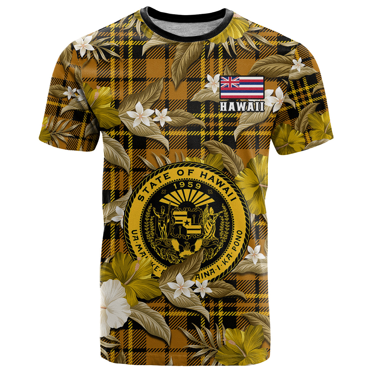 Hawaii State T-Shirt Tropical Flowers Mix Tartan Gold Version Graphic Tee