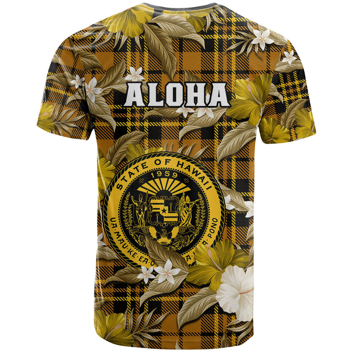 Hawaii State T-Shirt Tropical Flowers Mix Tartan Gold Version Graphic Tee