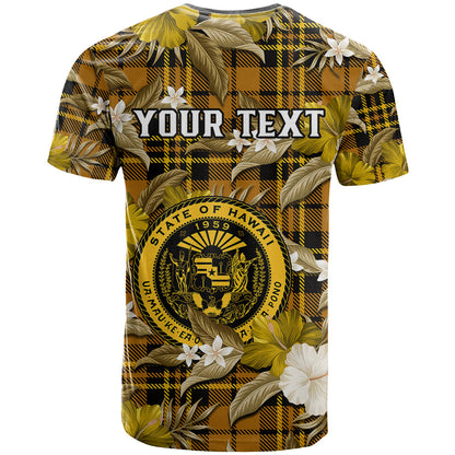 Custom Hawaii State T-Shirt Tropical Flowers Mix Tartan Gold Version Graphic Tee