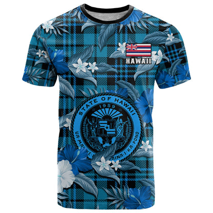 Hawaii State T-Shirt Tropical Flowers Mix Tartan Blue Version Graphic Tee