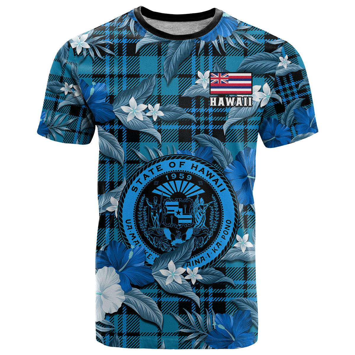 Custom Hawaii State T-Shirt Tropical Flowers Mix Tartan Blue Version Graphic Tee