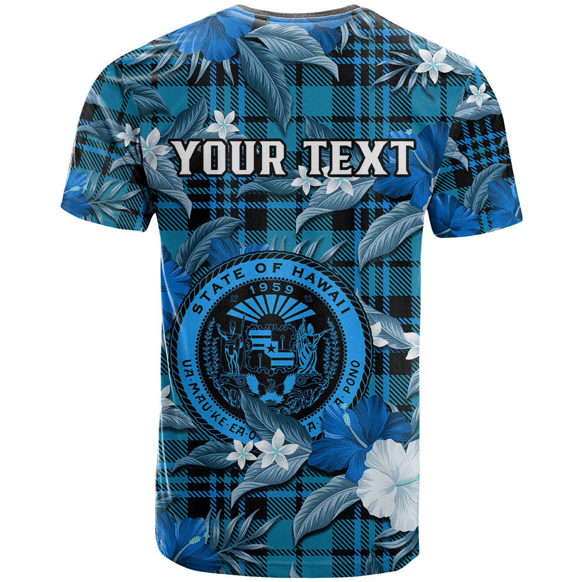 Custom Hawaii State T-Shirt Tropical Flowers Mix Tartan Blue Version Graphic Tee