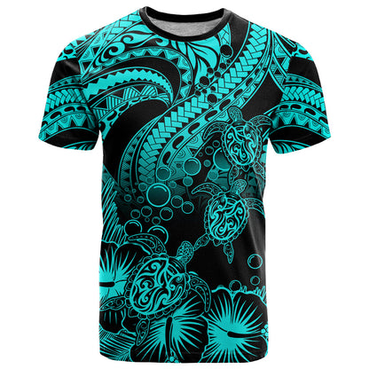 Personalised Polynesian T-Shirt Tribal Honu Turtle with Hibiscus Turquoise Version Graphic Tee