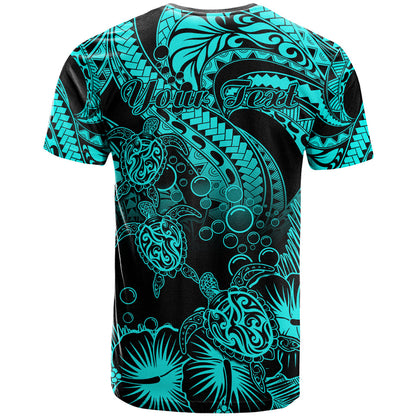 Personalised Polynesian T-Shirt Tribal Honu Turtle with Hibiscus Turquoise Version Graphic Tee