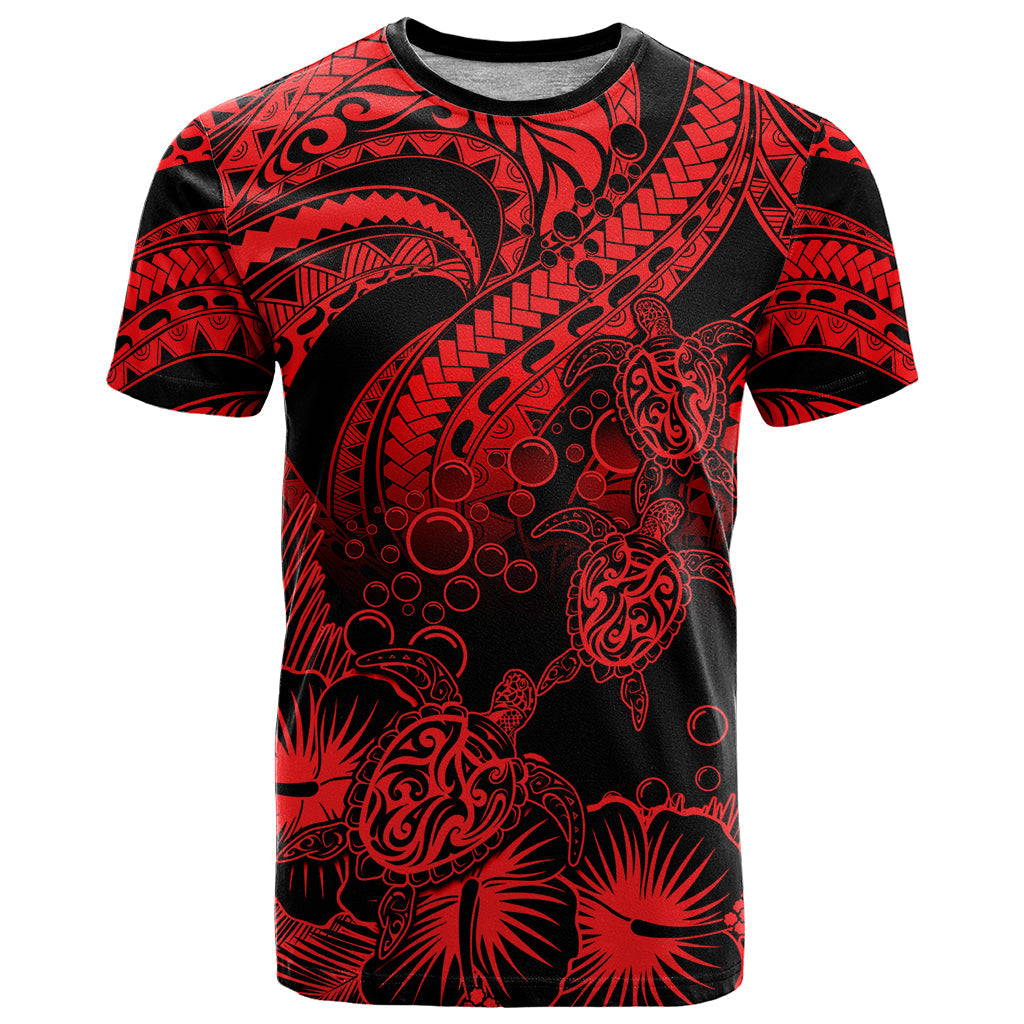 Personalised Polynesian T-Shirt Tribal Honu Turtle with Hibiscus Red Version Graphic Tee