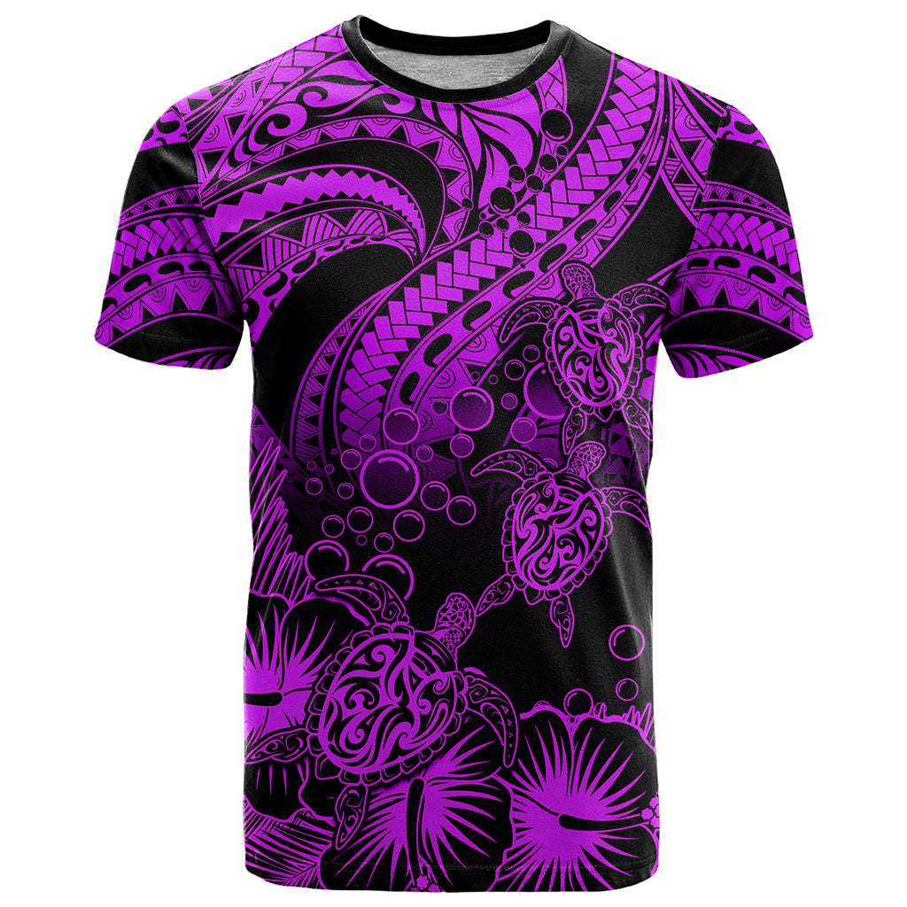 Personalised Polynesian T-Shirt Tribal Honu Turtle with Hibiscus Purple Version Graphic Tee