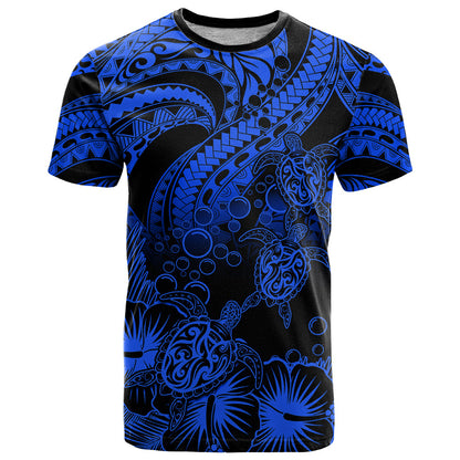 Personalised Polynesian T-Shirt Tribal Honu Turtle with Hibiscus Blue Version Graphic Tee