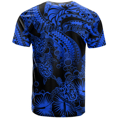 Personalised Polynesian T-Shirt Tribal Honu Turtle with Hibiscus Blue Version Graphic Tee