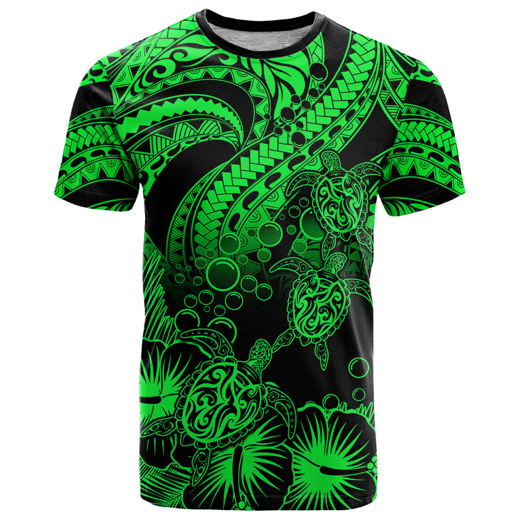 Personalised Polynesian T-Shirt Tribal Honu Turtle with Hibiscus Green Version Graphic Tee