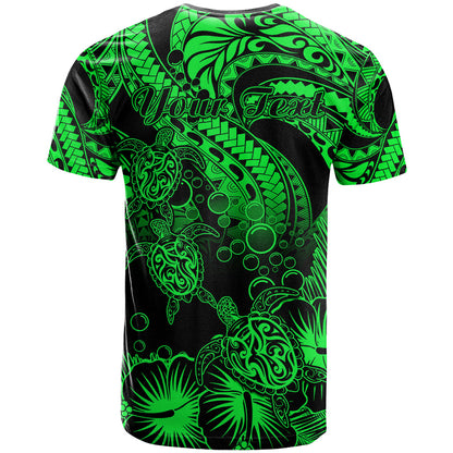 Personalised Polynesian T-Shirt Tribal Honu Turtle with Hibiscus Green Version Graphic Tee