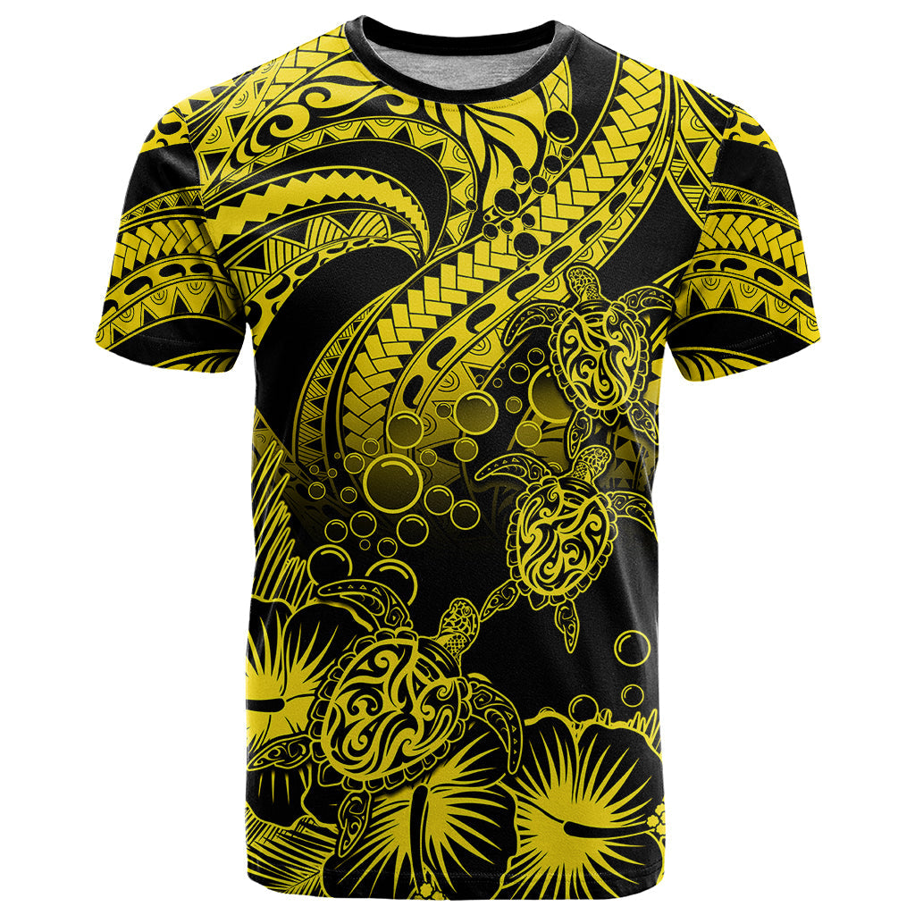 Personalised Polynesian T-Shirt Tribal Honu Turtle with Hibiscus Gold Version Graphic Tee