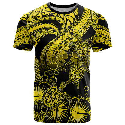 Personalised Polynesian T-Shirt Tribal Honu Turtle with Hibiscus Gold Version Graphic Tee