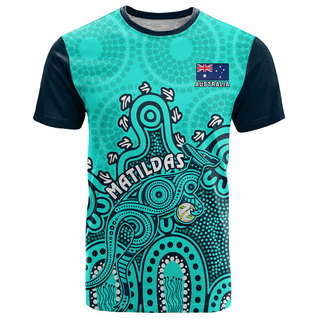 Personalised Australia Soccer T-Shirt Aboriginal Turquoise World Cup With Kangaroo Graphic Tee
