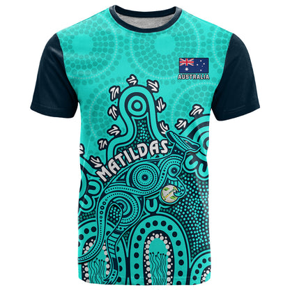Personalised Australia Soccer T-Shirt Aboriginal Turquoise World Cup With Kangaroo Graphic Tee