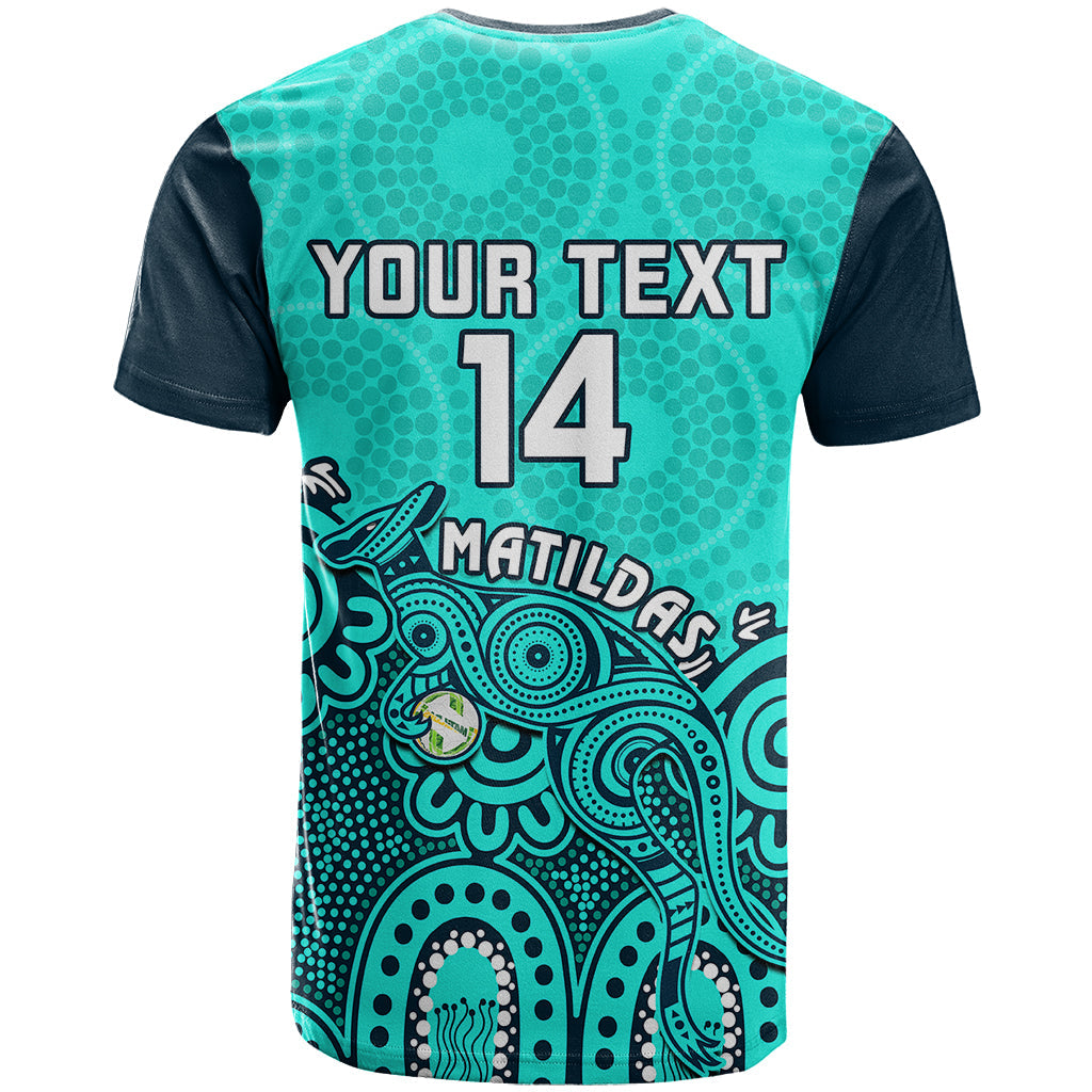 Personalised Australia Soccer T-Shirt Aboriginal Turquoise World Cup With Kangaroo Graphic Tee