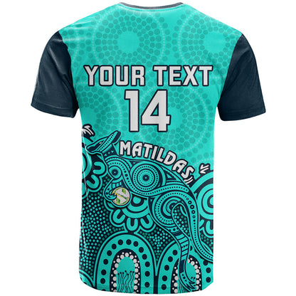 Personalised Australia Soccer T-Shirt Aboriginal Turquoise World Cup With Kangaroo Graphic Tee