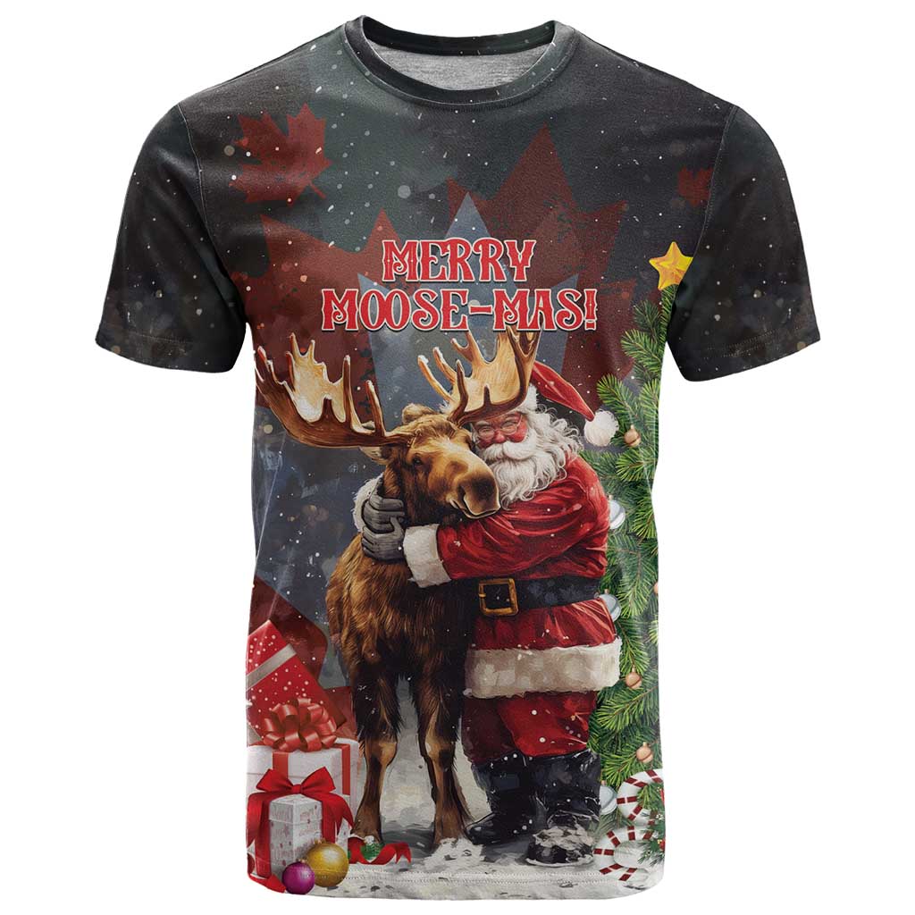 Christmas Canada T-Shirt Merry Moose-Mas Santa Hugging A Moose Graphic Tee