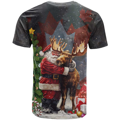 Christmas Canada T-Shirt Merry Moose-Mas Santa Hugging A Moose Graphic Tee