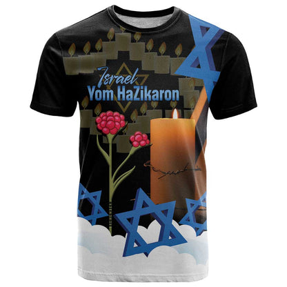 Israel Memorial Day T-Shirt Red Everlasting Flower With Candle Light Graphic Tee