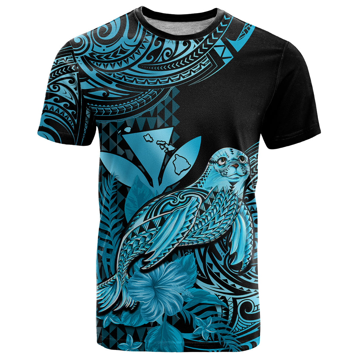 Custom Hawaii Monk Seal T-Shirt Polynesian Kakau With Kanaka Turquoise Graphic Tee