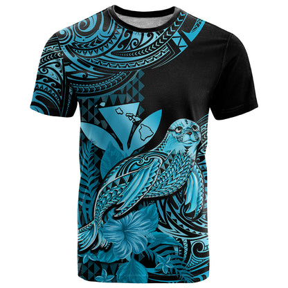Custom Hawaii Monk Seal T-Shirt Polynesian Kakau With Kanaka Turquoise Graphic Tee