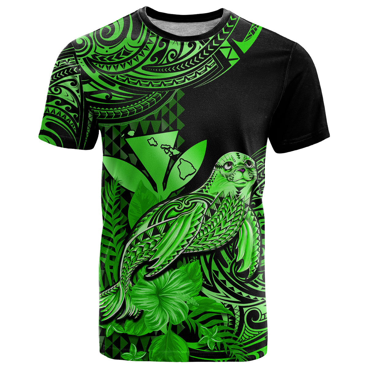 Custom Hawaii Monk Seal T-Shirt Polynesian Kakau With Kanaka Green Graphic Tee