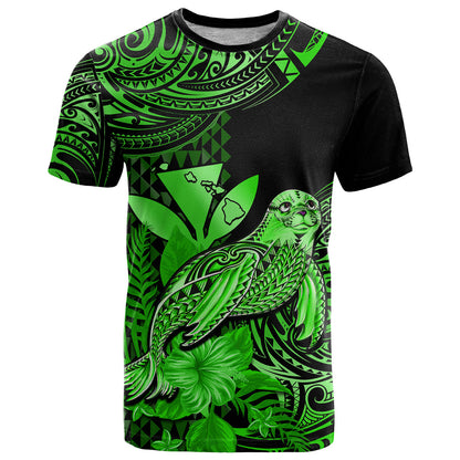 Custom Hawaii Monk Seal T-Shirt Polynesian Kakau With Kanaka Green Graphic Tee