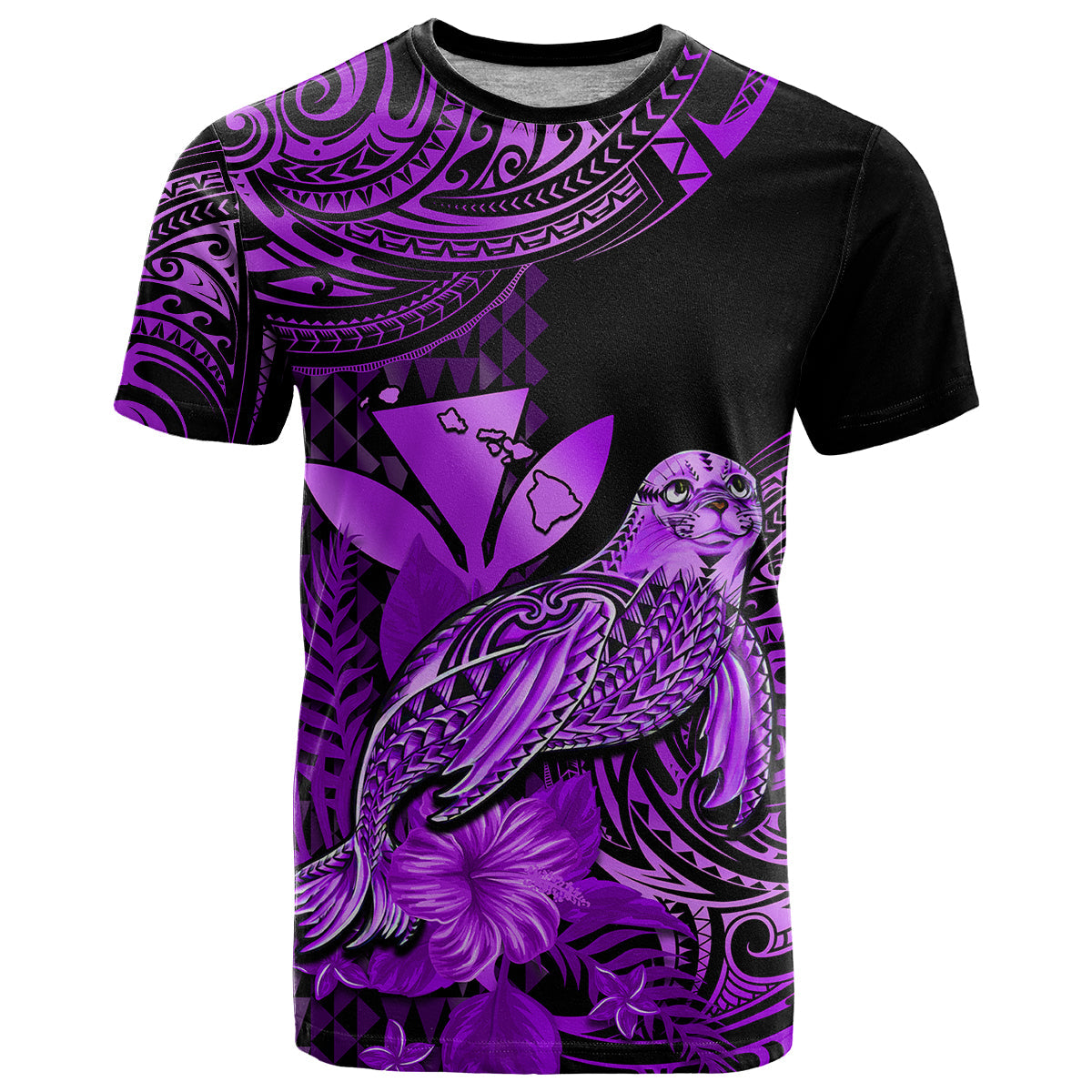 Custom Hawaii Monk Seal T-Shirt Polynesian Kakau With Kanaka Purple Graphic Tee