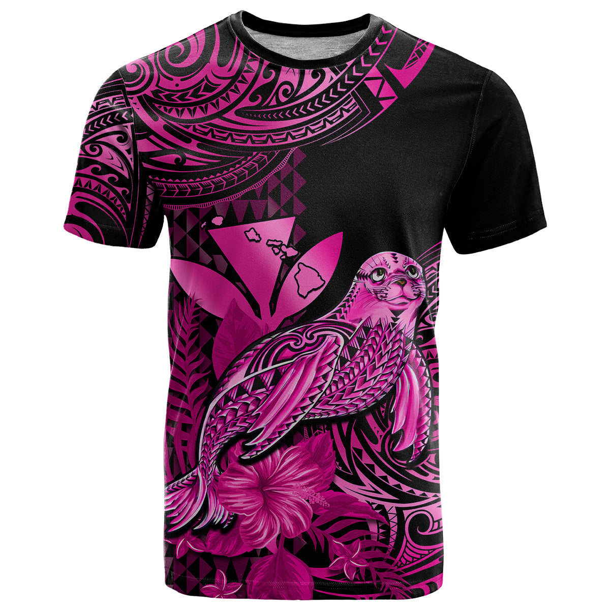 Custom Hawaii Monk Seal T-Shirt Polynesian Kakau With Kanaka Pink Graphic Tee