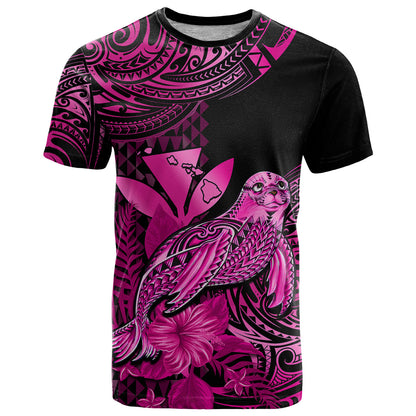 Custom Hawaii Monk Seal T-Shirt Polynesian Kakau With Kanaka Pink Graphic Tee