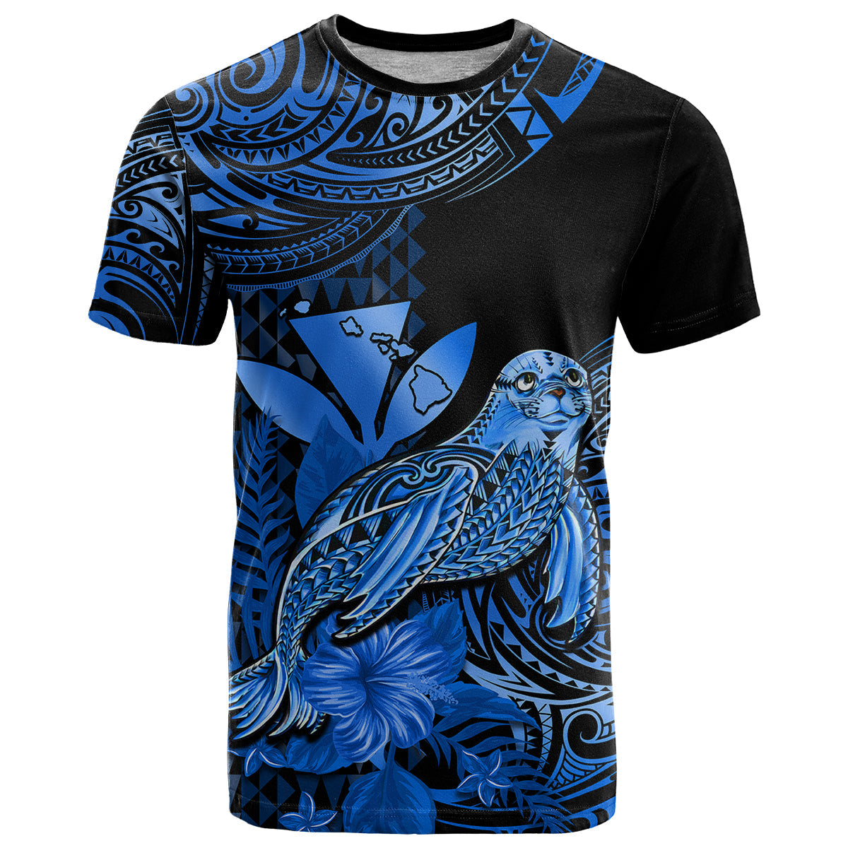 Custom Hawaii Monk Seal T-Shirt Polynesian Kakau With Kanaka Blue Graphic Tee
