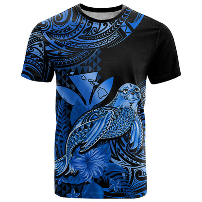 Custom Hawaii Monk Seal T-Shirt Polynesian Kakau With Kanaka Blue Graphic Tee
