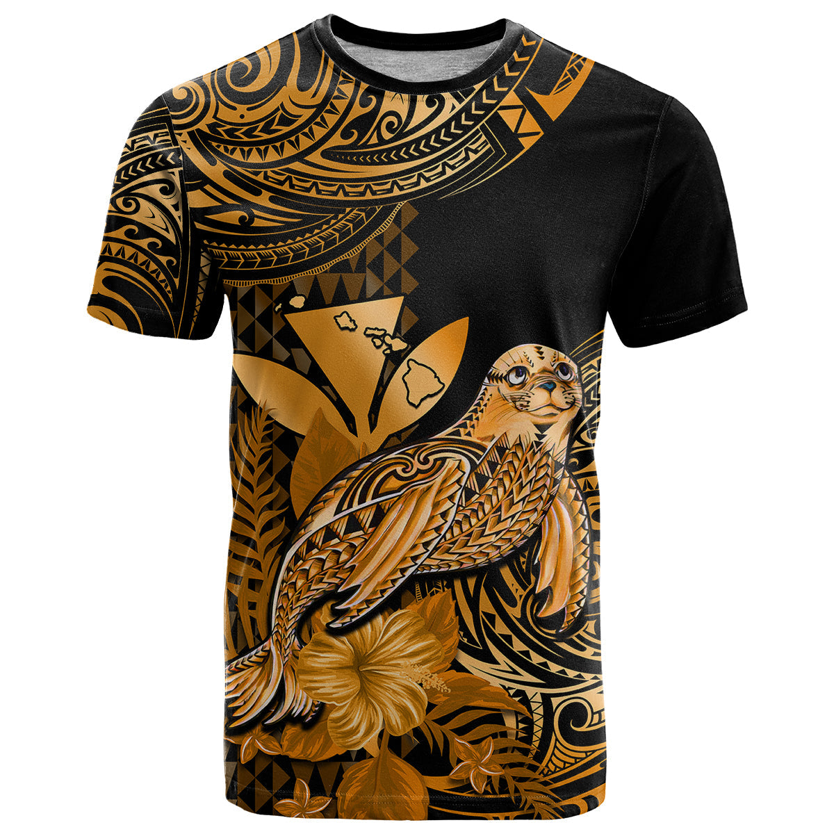 Custom Hawaii Monk Seal T-Shirt Polynesian Kakau With Kanaka Gold Graphic Tee