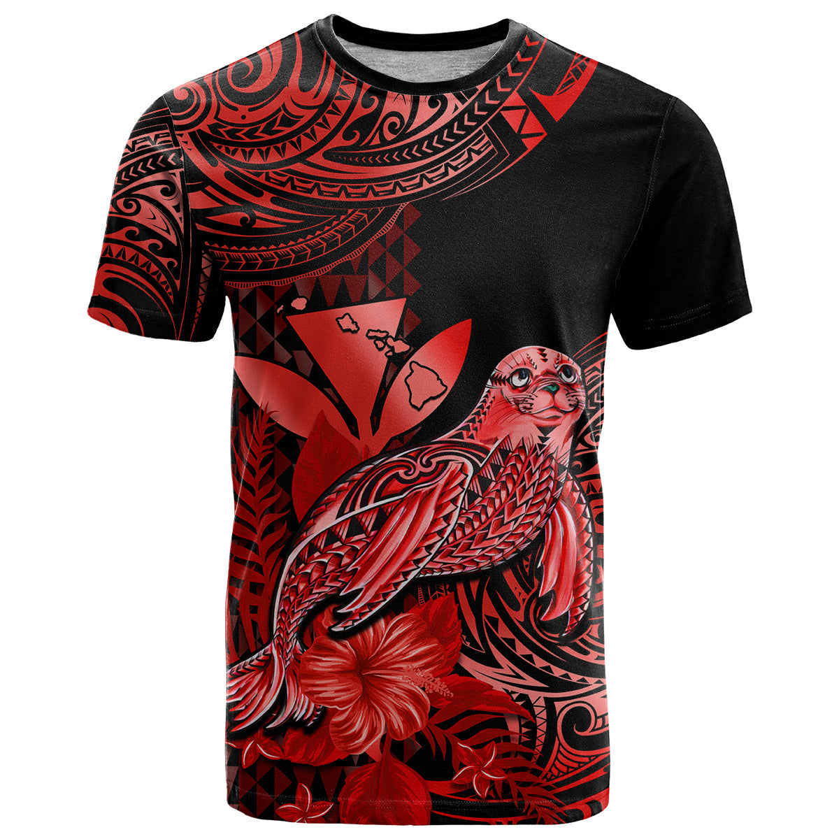 Custom Hawaii Monk Seal T-Shirt Polynesian Kakau With Kanaka Red Graphic Tee