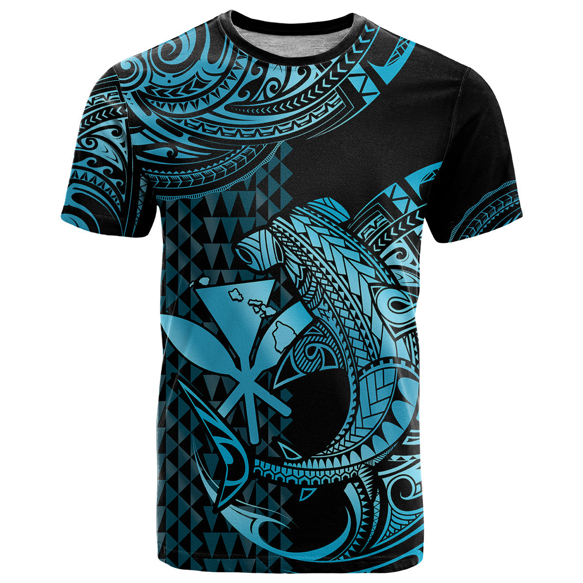 Custom Hawaii Hammerhead Shark T-Shirt Polynesian Kakau With Kanaka Turquoise Graphic Tee