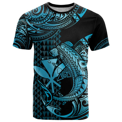 Custom Hawaii Hammerhead Shark T-Shirt Polynesian Kakau With Kanaka Turquoise Graphic Tee
