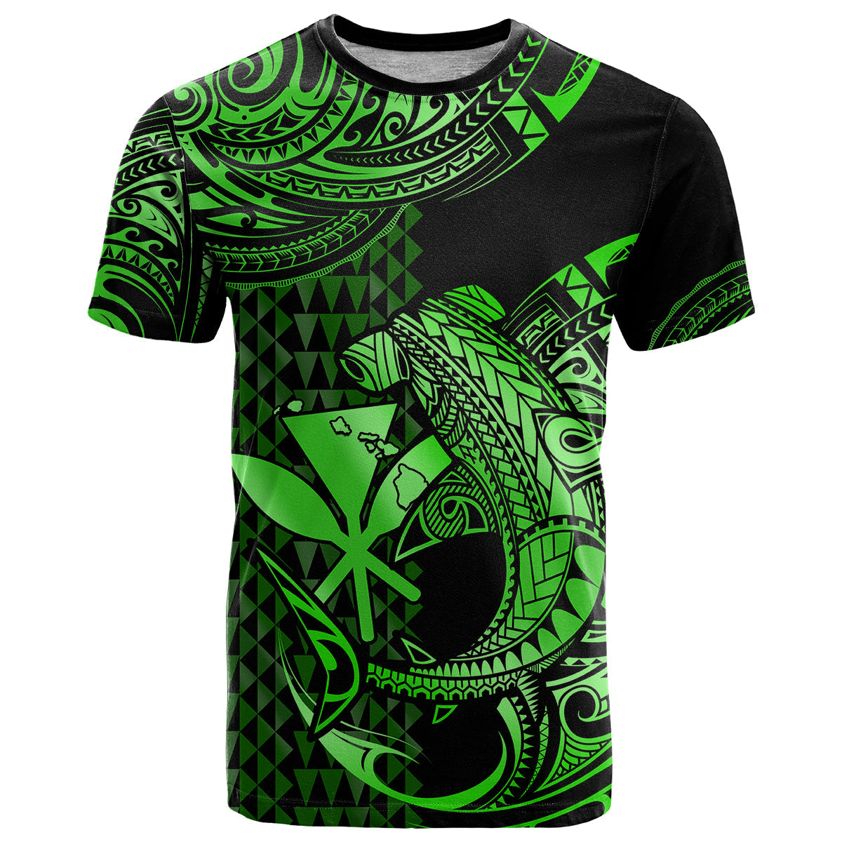 Custom Hawaii Hammerhead Shark T-Shirt Polynesian Kakau With Kanaka Green Graphic Tee