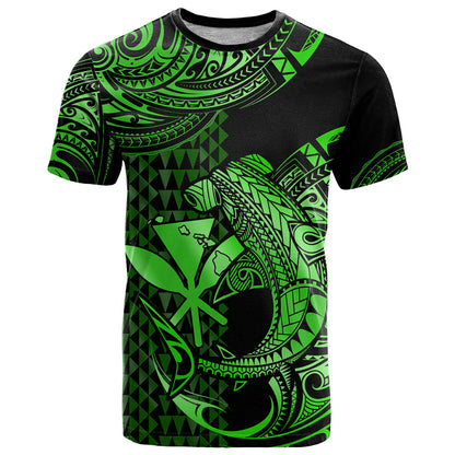 Custom Hawaii Hammerhead Shark T-Shirt Polynesian Kakau With Kanaka Green Graphic Tee