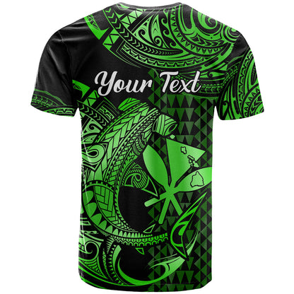 Custom Hawaii Hammerhead Shark T-Shirt Polynesian Kakau With Kanaka Green Graphic Tee