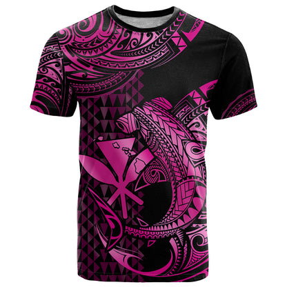 Custom Hawaii Hammerhead Shark T-Shirt Polynesian Kakau With Kanaka Pink Graphic Tee