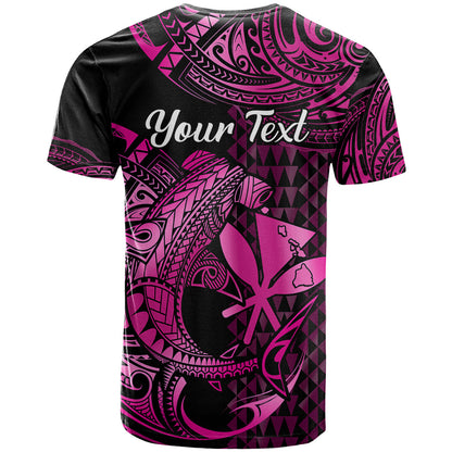 Custom Hawaii Hammerhead Shark T-Shirt Polynesian Kakau With Kanaka Pink Graphic Tee