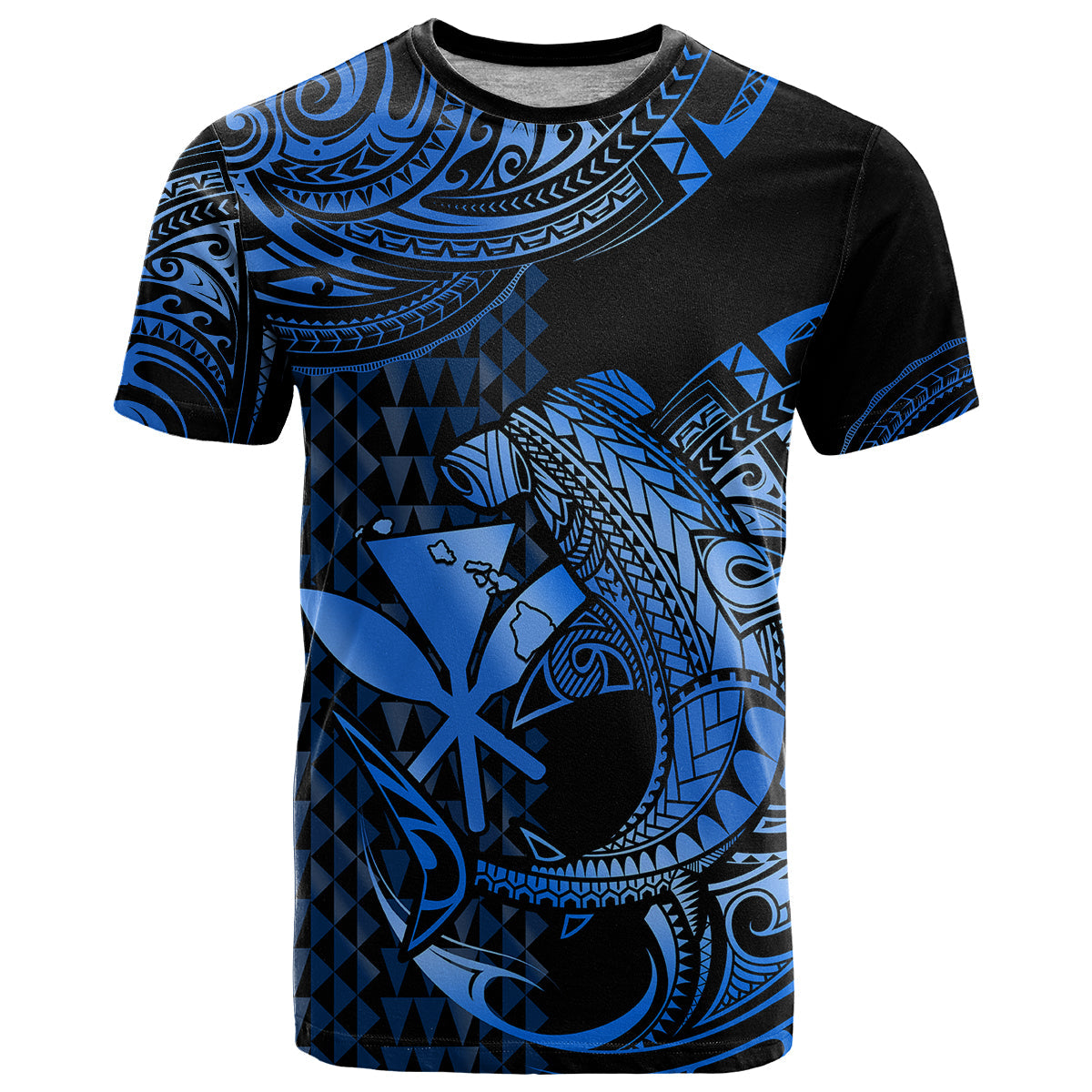 Custom Hawaii Hammerhead Shark T-Shirt Polynesian Kakau With Kanaka Blue Graphic Tee