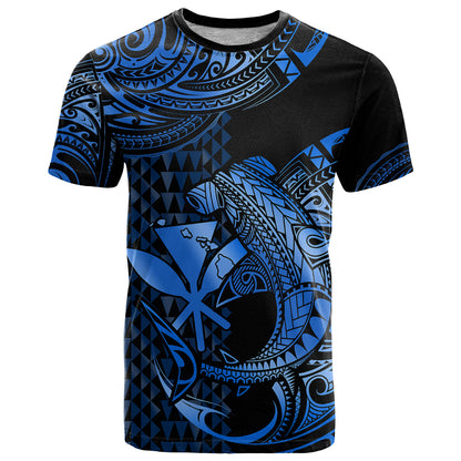 Custom Hawaii Hammerhead Shark T-Shirt Polynesian Kakau With Kanaka Blue Graphic Tee