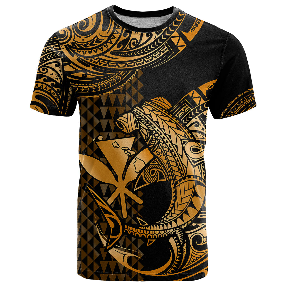 Custom Hawaii Hammerhead Shark T-Shirt Polynesian Kakau With Kanaka Gold Graphic Tee