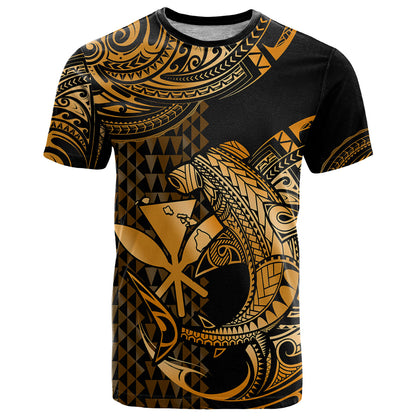 Custom Hawaii Hammerhead Shark T-Shirt Polynesian Kakau With Kanaka Gold Graphic Tee