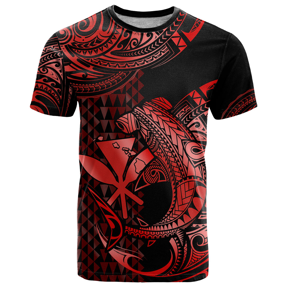 Custom Hawaii Hammerhead Shark T-Shirt Polynesian Kakau With Kanaka Red Graphic Tee