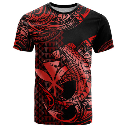 Custom Hawaii Hammerhead Shark T-Shirt Polynesian Kakau With Kanaka Red Graphic Tee
