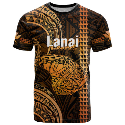 Personalised Hawaiian Islands T-Shirt Lani Map Gold Kanaka With Kakau Graphic Tee